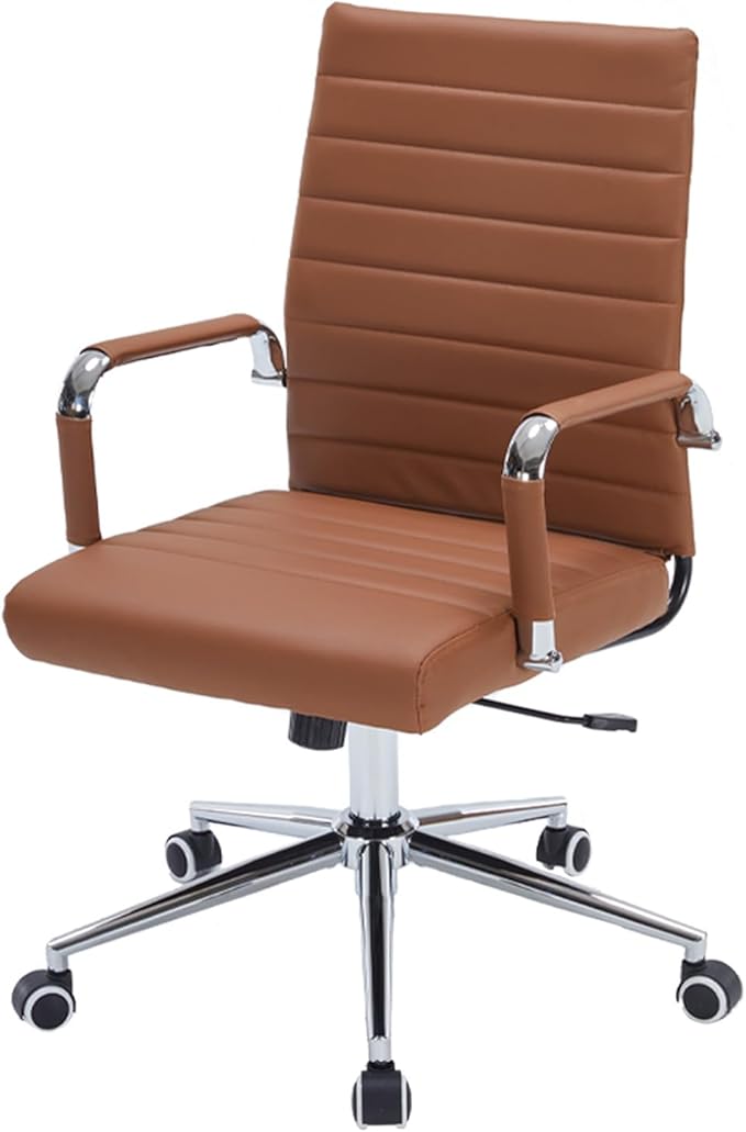 Brown Leather Ribbed Office Desk Chair, Ergonomic Mid-Back Executive Conference Room Chairs with Wheels, Adjustable Swivel Computer Task Chair with Arms and Thick Padded Seat