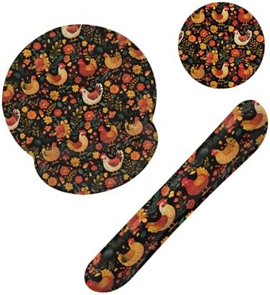 Chicken Rooster Hen Flower Meadow Mouse Pad with Wrist Rest Set,3-in-1 Wrist Support Mousepad Set,Gaming Mat Pad with Anti-Skid Base,Ergonomic Memory Foam Mouse Pad Set for Women,Office,Typing,Gaming