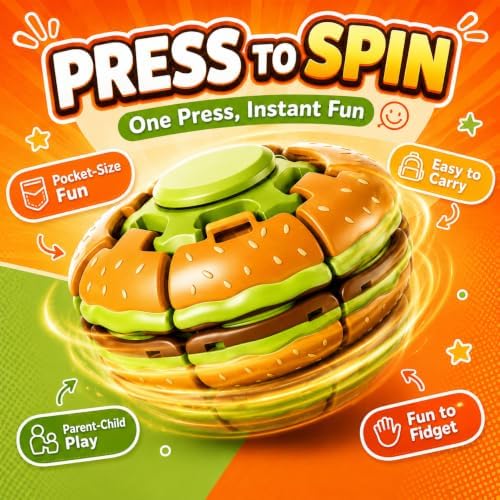 2 Pack Hamburger Fidget Spinner Balls, Press-to-Spin Mechanical Sensory Fidget Toys, Handheld Stress Relief Desk Toy