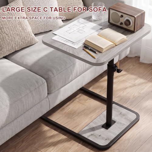 GOYLSER Large C Shaped End Table for Couch, Height Adjustable Living Room Rotating Couch Tray Tables Sofa Table Tv Trays for Bedroom, Swivel Wooden Side Table for Small Space, Grey