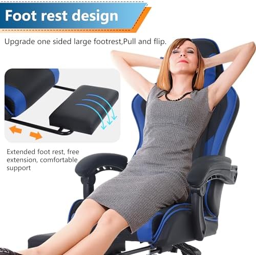 PayLessHere Ergonomic Racing Desk Chair Computer Chair Gaming Chair with Footrest Lumbar Support Headrest Armrest Task Rolling Swivel Ergonomic E-Sports Adjustable PC Gamer Chair (Blue)