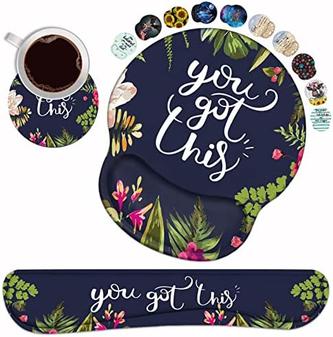 Keyboard Wrist Rest and Mouse Pad Wrist Support Set with Coasters, You Got This Inspirational Quote Wrist Mouse Pad with Non-Slip PU Base for Home Office Working Studying Easy Typing & Pain Relief