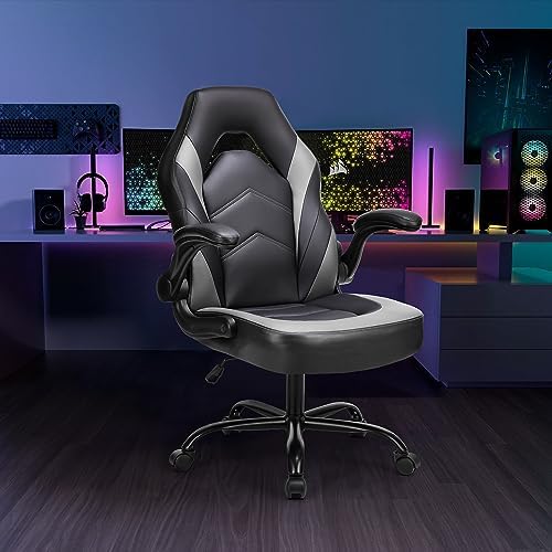 NEWBULIG Gaming Office Computer Chair – Ergonomic Mid-Back with Flip-Up Armrests, Adjustable Height, Lumbar Support & 360° Silent Swivel Wheels, PU Leather for Home/Office, Grey