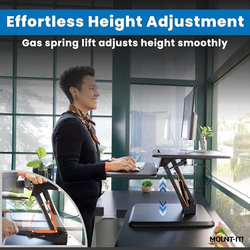 Mount-It! Standing Desk Converter, Compact 25" Sit Stand Desk Riser with Gas Spring Lift, Adjustable Height Desktop Riser for Laptop, Monitor, and Keyboard, Small Home Office Desk Converter
