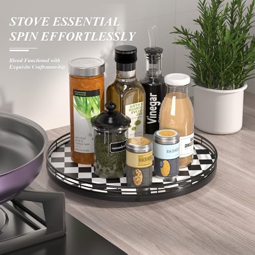 AMH 13-Inch Black and White Checkerboard Lazy Susan with Oak Wood Base
