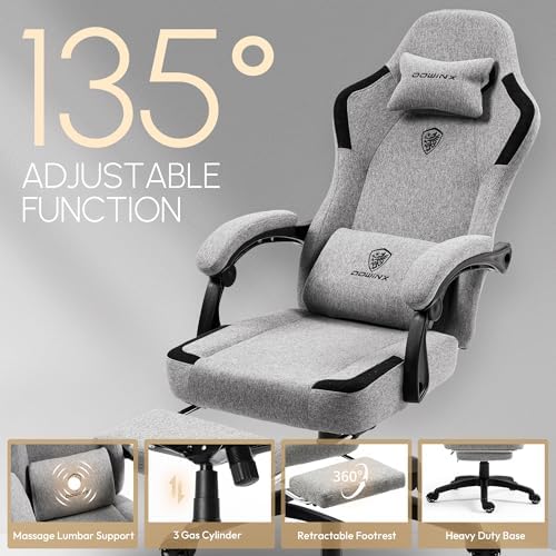 Dowinx Fabric Gaming Chair with Pocket Spring Cushion,Breathable Computer Chair with Massage Lumbar Support and Footrest,High Back Game Office Chair for Adult,Grey