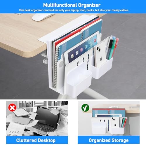 MAXECHO Desk Side Storage, Under Desk Laptop Mount, Table Side Hanging File Organizer, No Drill Clamp On Cable Management Tray, Laptop Holder with Magnetic Pen Holder for Office and Home, Load 22 Lbs