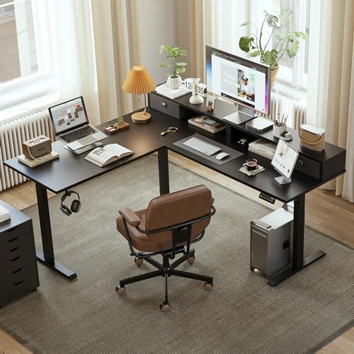 Agilestic 63 Inch L Shaped Electric Standing Desk with Drawer, Black