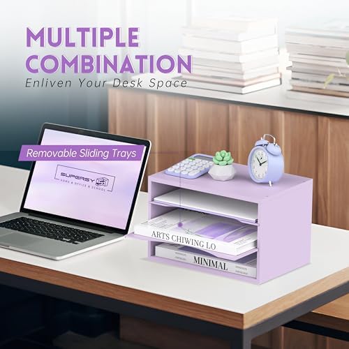 3 Tier Wood Desk Organizer, Paper Organizer for Desk, Purple