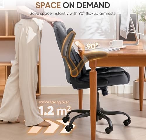 Home Leather Office Chair with Lumbar Support, 5" Padded Seat, Small Rocking Desk Chair, Comfy Computer Chairs with Rolling Wheels & Adjustable Arms for Adults, Grey
