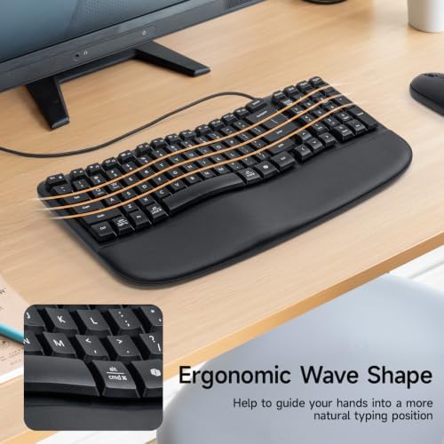 SANWA Wired Ergonomic Keyboard, Curved Wave Keyboard with Cushioned Wrist Rest, Compact Full-Size Layout, USB-A & C Port, 13 Shortcuts Keys, Natural Typing, Compatible with Win/Mac, Laptop, PC, Black