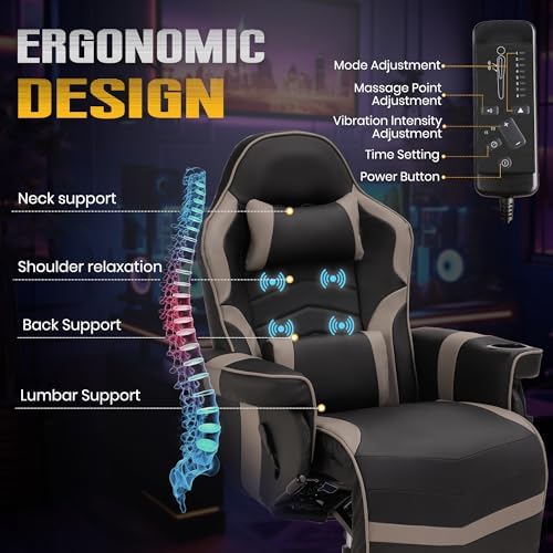 Massage Gaming Recliner Chair with Cup Holder & Side Pockets – Ergonomic PU Leather Video Gaming Chair with Footrest, Manual Recline, Headrest & Lumbar Support for Office or Game Room (Grey)