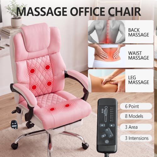 Massage Office Chair with Heat & Footrest,Heated Comfy Reclining Desk Chair with Vibration,Executive Big and Tall Chairs for Heavy People,Adjustable Height Black Pink-White