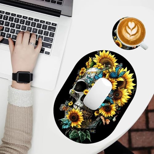 Small Mouse pad, Portable, Waterproof Non-Slip Rubber Bottom, Suitable for Wireless Mouse, Laptop Keyboard Tray for Both Men and Women, Office Travel 7.1x10.6in，Floral Skull with Butterflies