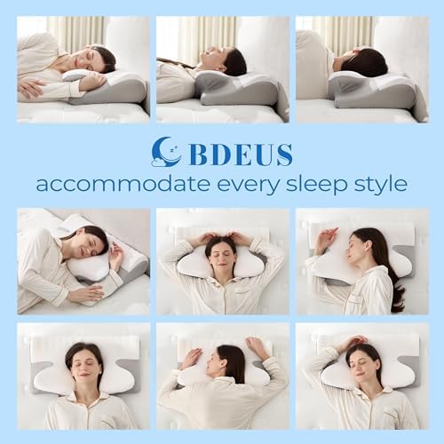 BDEUS Ergonomic Cervical Pillow for Side Sleepers, 2-in-1 Contour Orthopedic Memory Foam Pillow for Neck Shoulder Pain Relief, Sleep Apnea, Anti Snore, Pillow with Arm Rest, Head Cradle, White