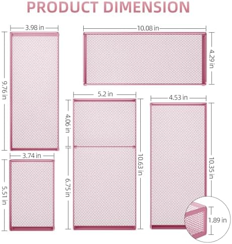 Marbrasse 5 Pack Desk Drawer Organizer Set, Mesh Drawer Storage Trays with 1 Adjustable Divider, Desk Organizers and Accessories, 5 PCS Drawer for Office Supplies, Makeup & Vanity (Pink)