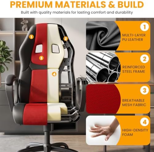 BestOffice Office Chair PC Gaming Chair Cheap Desk Chair Ergonomic PU Leather Executive Computer Chair Lumbar Support for Women, Men (Red)