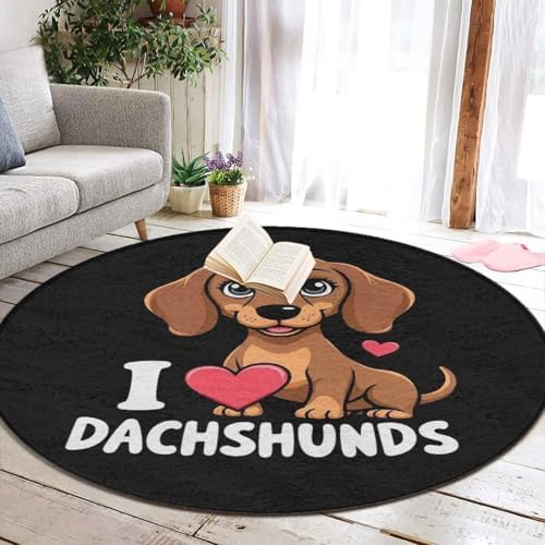 Soft Round Yoga Carpet, Large Home Decor Mat, Non Slip Machine Washable Kitchen Office Circle Rug Love Dachshunds