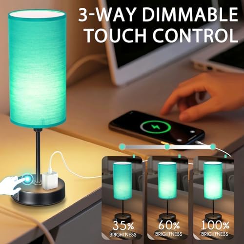 Table Lamp with USB Port - Teal Desk Lamp, Green Touch Lamp, Bedside Lamps, 3 Way Dimmable Small Lamps for Bedroom, Nightstand, Nursery, Dorm, Home, Office, Black Base+ Green Lampshade