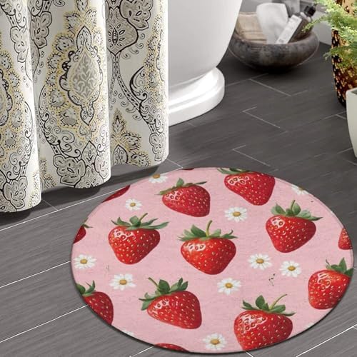 Soft Round Yoga Carpet, Large Home Decor Mat, Non Slip Machine Washable Kitchen Office Circle Rug Daisy Floral Pink Strawberry