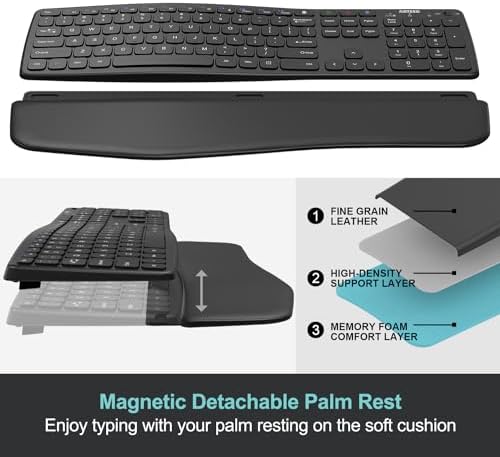 Arteck Multi-Device Ergonomic Wireless Bluetooth Keyboard with Nano USB-A, USB-C Type C Receiver Palm Wrist Rest Full Size Keyboard for Windows iPad OS Android, Computer Desktop Laptop PC Tablet