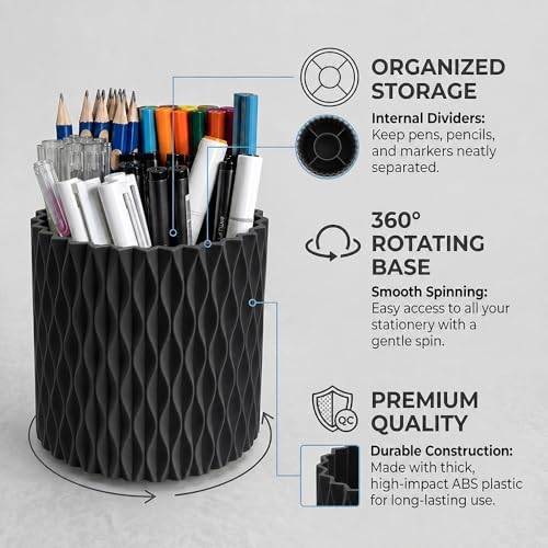 Lebenrich Aesthetic Black Pen Holder for Desk, Rotating Plastic Desk Pencil Holder Organizer for Home School Office