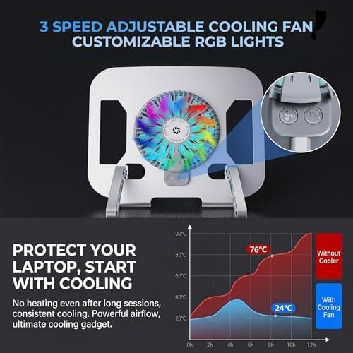 Adjustable Laptop Cooling Stand, 3-Speed Fan with RGB, 360° Rotating Base, Carbon Steel Foldable Laptop Riser, Ergonomic Height & Angle Adjustable Cooling Pad for Laptops & Tablets Up to 16” (Silver)