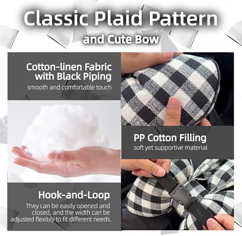 2PCS Chic Car Headrests with Bow-Shaped Cotton Linen Bowknot Neck Pillows for Cozy Road Trip & Cute Interior Decoration (Black Plaid)