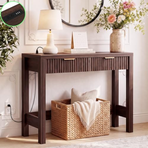 Cyclysio 32" Small Console Table with Charging Station & 2 Fluted Drawers