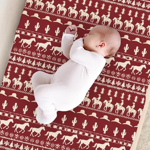Christmas Western Theme Cactus Horses Winter Holiday Trees Snowflakes Pattern Baby Changing Pad Cover, Unisex Christmas Nursery Diaper Changing Table Pad Mat Sheet for Boys Girls-16x32