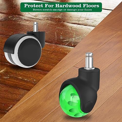 Office Chair Wheels Replacement 2 Inch Rubber Ball Caster Wheels for Wood Floor Carpet Mats, Set of 5, Heavy Duty Desk & Gaming Chair Casters 7/16" (11mm) Grip Ring Stem, Quiet Smooth Rolling (Green)