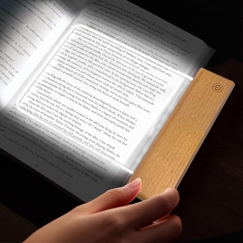 Book Light, Dimmable LED Reading Light 3 Color Flat Book Lamp for Reading, Rechargeable Page Light with Wooden Base and Scratch-Resistant Panel, Portable Gifts for Boys Girls Women Man (Wood)