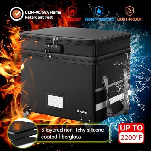 DocSafe Fireproof Document Box with Lock,2-Layer File Box with Wheels,Collapsible File Storage Organizer with Pockets,Large Portable Home Filing Cabinet for Hanging Folders,Black,16''x13.8''x12.2''