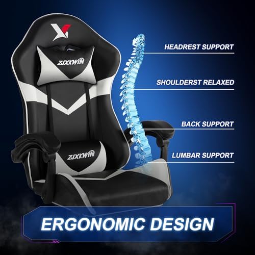 Ergonomic Gaming Chair, High Back PU Leather Office Chair with Footrest, Adjustable Lumbar Support & Headrest, 360° Swivel Computer Chair for Adults, White & Black