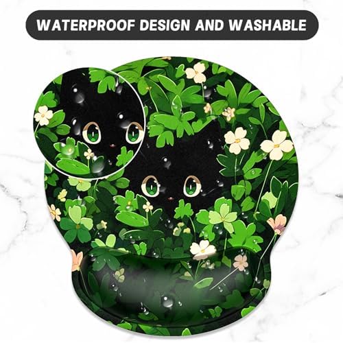 ITNRSIIET Ergonomic Mouse Pad with Wrist Support Wrist Rest Smooth Surface Non-Slip Rubber Base Comfortable Office Supplies Pain Relief, 9.8 x 9.1 inches, Green Leave Cat