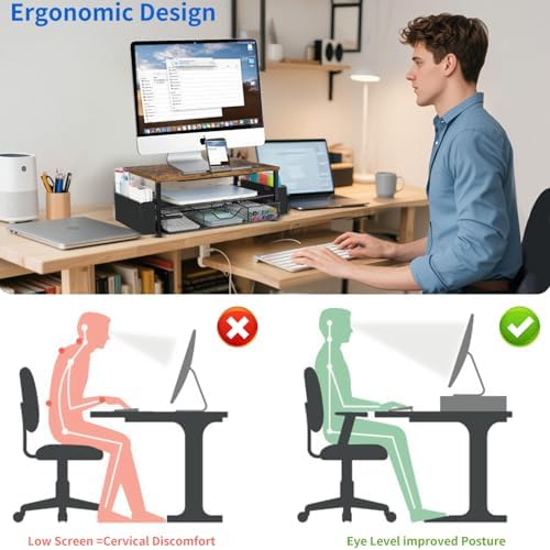 AUPSEN Wood Desk Organizers and Accessories, 2-Tier Computer Monitor Stand Riser with Drawer, Pen Storage & Phone Holder, Office Desk Accessories, Workspace Desktop Organization for Office Supplies（Brown）