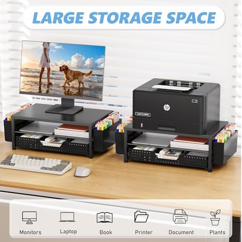 OPNICE Desk Organizers and Accessories, Computer Monitor Stand Riser with Drawer and 2 Pen Holders, Printer & Laptop Stand, Office Desk Accessories & Workspace Organizers for Home Office Supplies, Black 2-Pack