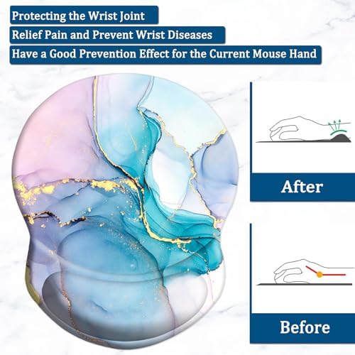 Mouse Pad with Ergonomic Gel-Filled Wrist Rest and Non-Slip PU Base, Comfortable & Accurate Computer Mouse Pad with Support for Home Office Working Studying (Pink Blue Mable)