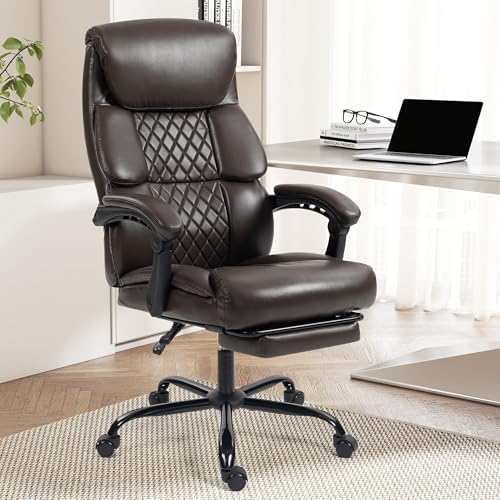 Office Chair, Executive High Back Leather Home Office Desk Chair with Footrest & Lumbar Support - Ergonomic Reclining Comfortable Wide Swivel Rolling Gaming Computer Chair 90-135° Adjustable Tilt Lock