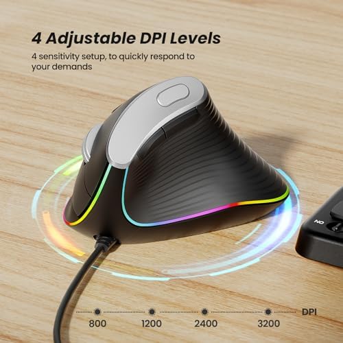 Nulea M504 Wired Vertical Mouse, USB Optical Ergonomic Mouse Wired with 4 Adjustable DPI, 11 RGB Backlight Modes, Compatible for Laptop, PC, Desktop, Mac, Black