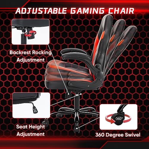 NEWBULIG Computer Gaming Desk Chair - Big Tall Ergonomic Lumbar Support with Flip-up Armrest and 360° Swivel Wheels, PU Leather Height Adjustable, for Home and Office, Red