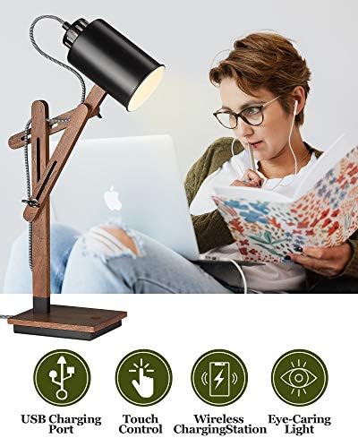 ELYONA Touch Control Sapele Wood Desk Lamp with Wireless Charging & USB Port, LED Reading Task Light,Adjustable, Swing Arm Table Lamp for Bedroom, Study Work, Office, Dorm, Bulb Included, Black