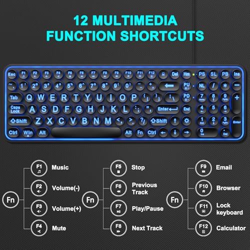 QUASIO Large Print Backlit Keyboard, Wired USB Lighted Computer Keyboards with 7-Color Backlit, Oversized Print Letters, Quiet Typewriter Keyboard with Retro Round Keycaps for Windows PC, Laptop