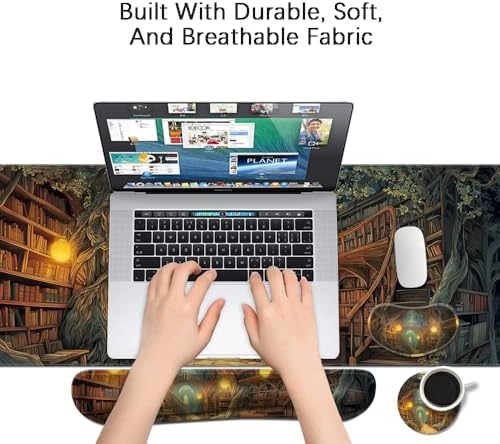 Desk Mat, Large Gaming Mouse Pad with Wrist Rest, 4 in1 XXL Mouse pad+Keyboard Wrist Rest+Mouse Pad Wrist Support+Cup Coaster Set, Ergonomic Desk Pad for Home Office, Trees Library