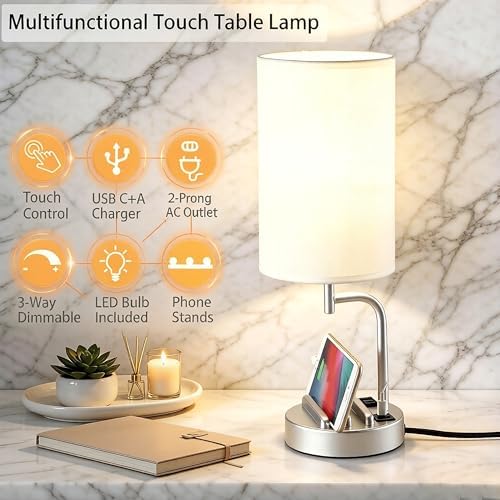 Dreamholder Touch Control USB Table Lamp with USB C/A & AC Outlet, 3-Way Dimmable Bedside Lamp, Modern Nightstand Lamps for Bedroom Living Room Guest Room Office, Bulb Included, Silver