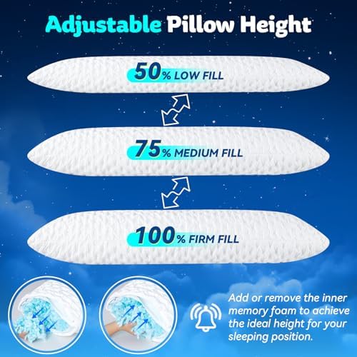 KUCEY Body Pillow for Side Sleeper with Neck and Shoulder Pain,Adjustable Shredded Memory Foam Pillows, Cooling Pillow for hot Sleepers with Washable Cover, Bed Pillows for Adults, Original White
