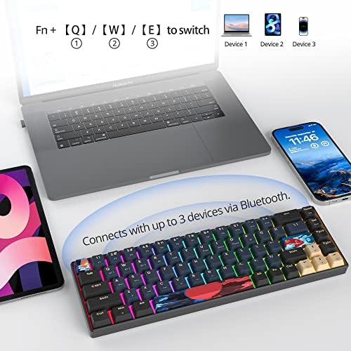 surmen GT68 65% Wireless Mechanical Gaming Keyboard 60 Percent RGB Hot-Swappable 68-Key Compact Keyboard Bluetooth5.0/2.4G/USB with Yellow Switch (Yellow Switch, Blue Samurai 68)