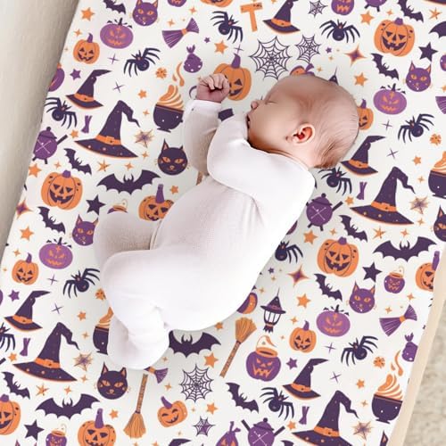 Halloween Pumpkin Spider Witch Hat Cat Stars Pattern Baby Changing Pad Cover, Unisex Fall Winter Holiday Nursery Diaper Changing Table Pad Mat Sheet for Boys Girls-16x32
