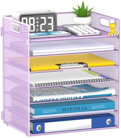 7 Tier Paper Organizer for Desk with Mesh Letter Trays and Handle Purple