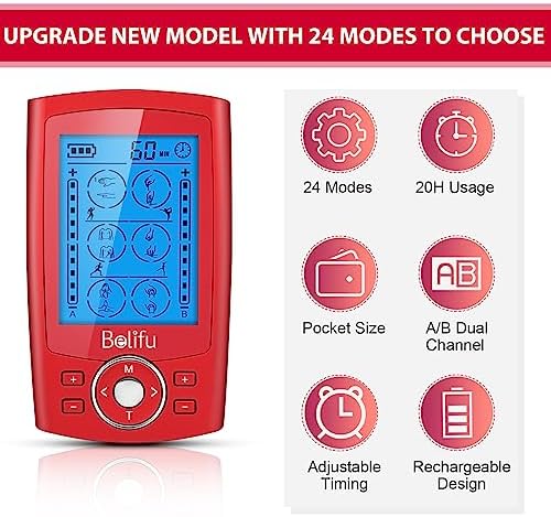Belifu Dual Channel TENS EMS Unit 24 Modes Muscle Stimulator for Pain Relief Therapy, Electronic Pulse Massager Muscle Massager with 10 Pads, Dust-Proof Drawstring Storage Bag, Fastening Cable Ties